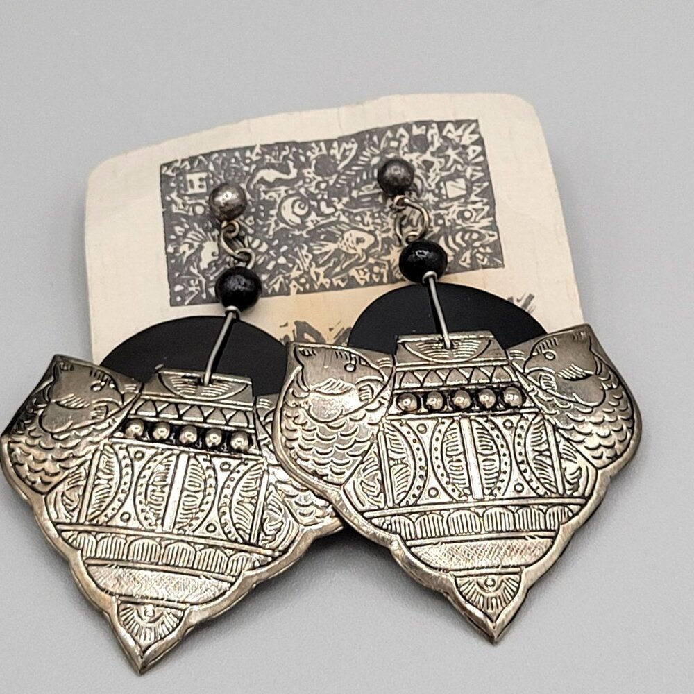 Culture Shock Silver Tone Bird Post Earrings Black Beads Yvonne Duff Vintage